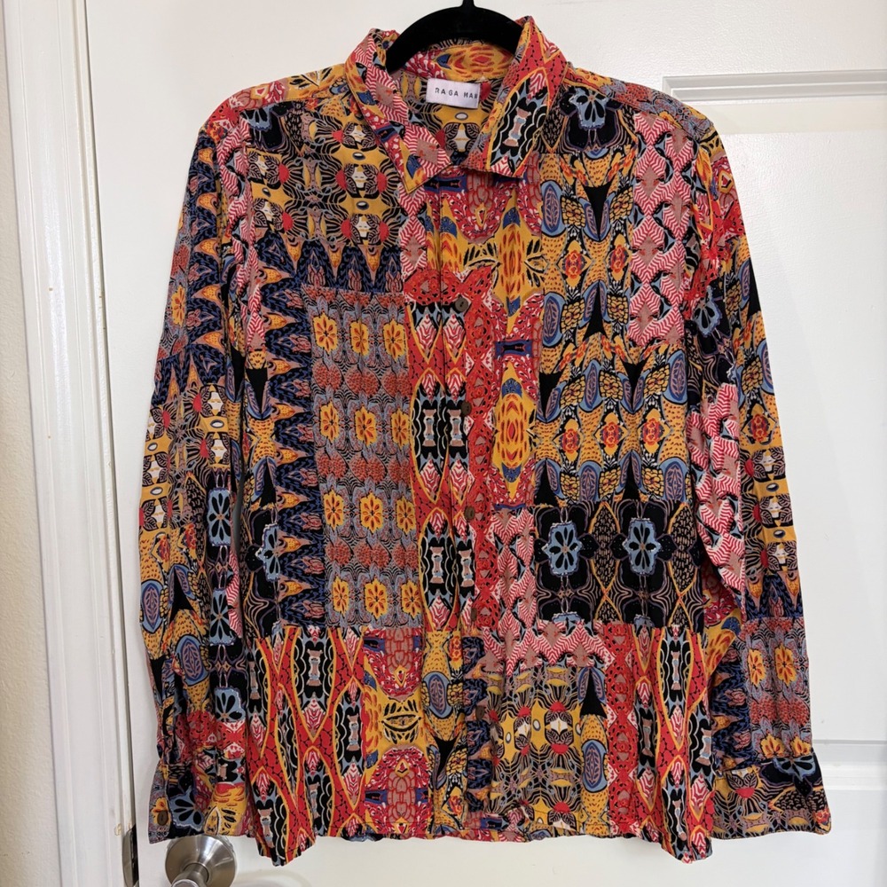 Raga Man Patchwork Geometric Print Button Down Shirt Mens Medium Boho Tribal